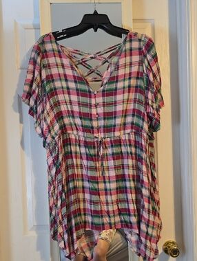 torrid Pink and Green Plaid Crisscross V-Neck Tunic